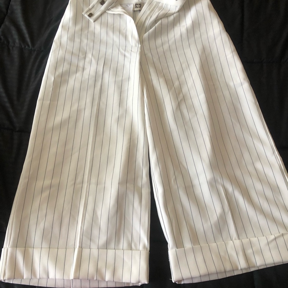 Anne Klein White Trousers with Navy Pinstripes